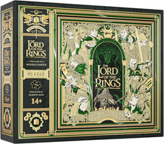 ONE PUZZLE TO RULE THEM ALL: Journey into Middle-earth with this premium jigsaw puzzle, featuring a multi-dimensional twist!
THE LAND OF MIDDLE-EARTH, PIECE BY PIECE: Adapting fully custom artwork from our best-selling Lord of the Rings Playing Cards, this 1,000 piece jigsaw puzzle brings the iconic characters and references from the series to life in vivid detail. The puzzle pieces themselves feature a mix of elegant gold and green foil, and arrive nestled inside a premium carrying pouch.
A MULTI-DIMENSION