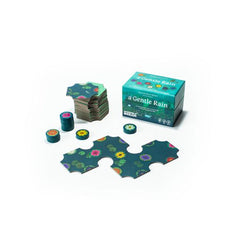 You have come to the lake hoping to see a rare and beautiful sight. The lilies of the lake only open their blossoms in the rain, and only rarely do all eight kinds of lily bloom at once. The goal of A Gentle Rain is to place the lake tiles in such a way to cause all eight types of lilies to bloom before you run out of tiles and the rain ends. Place each new tile you draw next to a tile already in play, making sure to match the colors of all the tile edges touching the tile you are placing. Each time you man