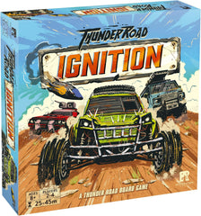 Thunder Road: Ignition is a standalone game that uses the core game system from Thunder Road: Vendetta with tweaks to provide a familiar yet new, streamlined play experience.
Ignition features shorter road boards, new rubble terrain, barricades, and curved roads!
Ignition can also be used as an expansion to Thunder Road: Vendetta.