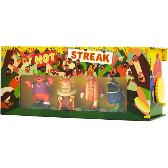 Hot Streak is a game about betting and racing and SCREAMING!!!!!!! You’re all hard luck gamblers betting on the world’s most off-brand mascots. And unlike most racing games, the races never stops for you to make any decisions. All your sneaky strategizing is done beforehand, so everyone can just sit back, cheer, boo, and scream at a hot dog man.
Comes with 4 chunky mascot figures and a ridiculously long pull-out racetrack.
Contents:
Four Mascot figures
1 pull-out racetrack
1 rulebook
100 dollar bills
18