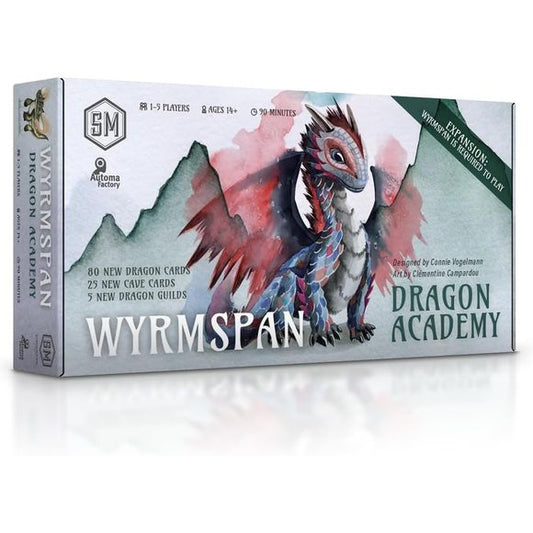 As a budding dracologist, you open an academy for fledgling dragons to achieve their full potential! The expansion to Wyrmspan adds a wide variety of new dragons and caves, objective tiles, dragon guilds, and a new round tracker that presents you with an income choice when you pass for the round. Welcome to Wyrmspan: Dragon Academy!
Expansion: Wyrmspan (Base Game) required to play with this beautiful expansion from the same designer, Connie Vogelmann (Apiary), and illustrator - Clémentine Campardou (Florife