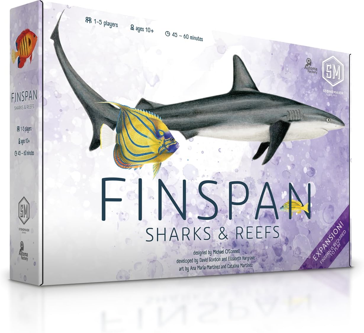 Finspan: Sharks & Reefs adds to the variety of the core game with a focus on sharks and fish that live among coral reefs. This expansion introduces new coral reef habitats to your ocean mat and more incredible sharks—with fearsome new abilities!
Players can now nurture colorful coral reefs in each of their ocean’s three dive sites. Healthy reefs enable you to play powerful reef fish, unlock fish abilities, and score bonuses at the end of the game. Meanwhile, sharks scatter schools of young (to form even mo