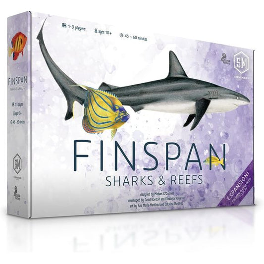 Finspan: Sharks & Reefs adds to the variety of the core game with a focus on sharks and fish that live among coral reefs. This expansion introduces new coral reef habitats to your ocean mat and more incredible sharks—with fearsome new abilities!
Players can now nurture colorful coral reefs in each of their ocean’s three dive sites. Healthy reefs enable you to play powerful reef fish, unlock fish abilities, and score bonuses at the end of the game. Meanwhile, sharks scatter schools of young (to form even mo