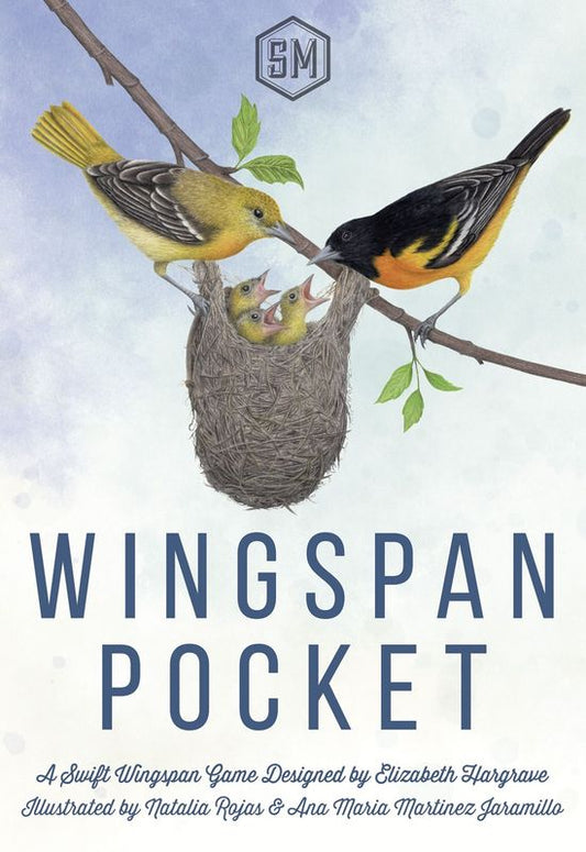 Wingspan Pocket distills the Wingspan experience down to a lighter, shorter, card-driven game that has each player activate a single row of cards on each of their turns. The cards are all double sided: a food side and a bird side. Bird powers are primarily indicated by icons instead of text, and they include a new type of power, ongoing (green) benefits.
Wingspan Pocket is designed to be accessible to novice players yet also compelling for more experienced gamers. This is a standalone game in a small box,