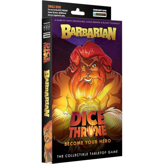 The Barbarian enters the Mad King’s arena, ready to crush anything in his path. Subtlety is overrated. Why scheme when you can smash? Armed with raw fury and overwhelming force, the Barbarian charges headfirst into battle, leaving shattered armor, stunned foes, and ringing ears in his wake.
Dice Throne is a fast-playing game of skilled card play and dice manipulation for 2–6 players. Roll your hero’s custom dice up to three times per turn to activate unique abilities, unleash attacks, and outplay opponents