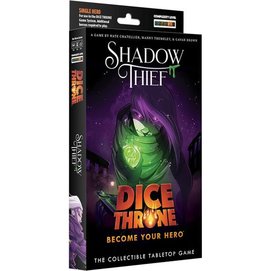 The Shadow Thief enters the Mad King’s arena, moving unseen and striking with deadly precision. He doesn’t rush, he thrives on the long con. Slipping through shadows, poisoning enemies, and carefully planning each move, he leaves victims unaware of the danger until it’s too late.
Dice Throne is a fast-playing game of skilled card play and dice manipulation for 2–6 players. Roll your hero’s custom dice up to three times per turn to activate unique abilities, unleash attacks, and outplay opponents. All heroe