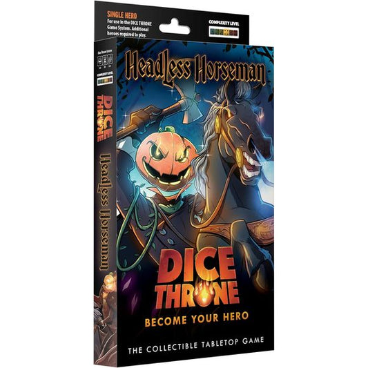 The Headless Horseman enters the Mad King’s arena, charging with thundering hooves and a horrifying Haunted Head. Swinging deadly axes and striking with terrifying speed, he turns every roll into a relentless assault that leaves foes reeling.
Dice Throne is a fast-playing game of skilled card play and dice manipulation for 2–6 players. Roll your hero’s custom dice up to three times per turn to activate unique abilities, unleash attacks, and outplay opponents. All heroes are fully compatible across the enti