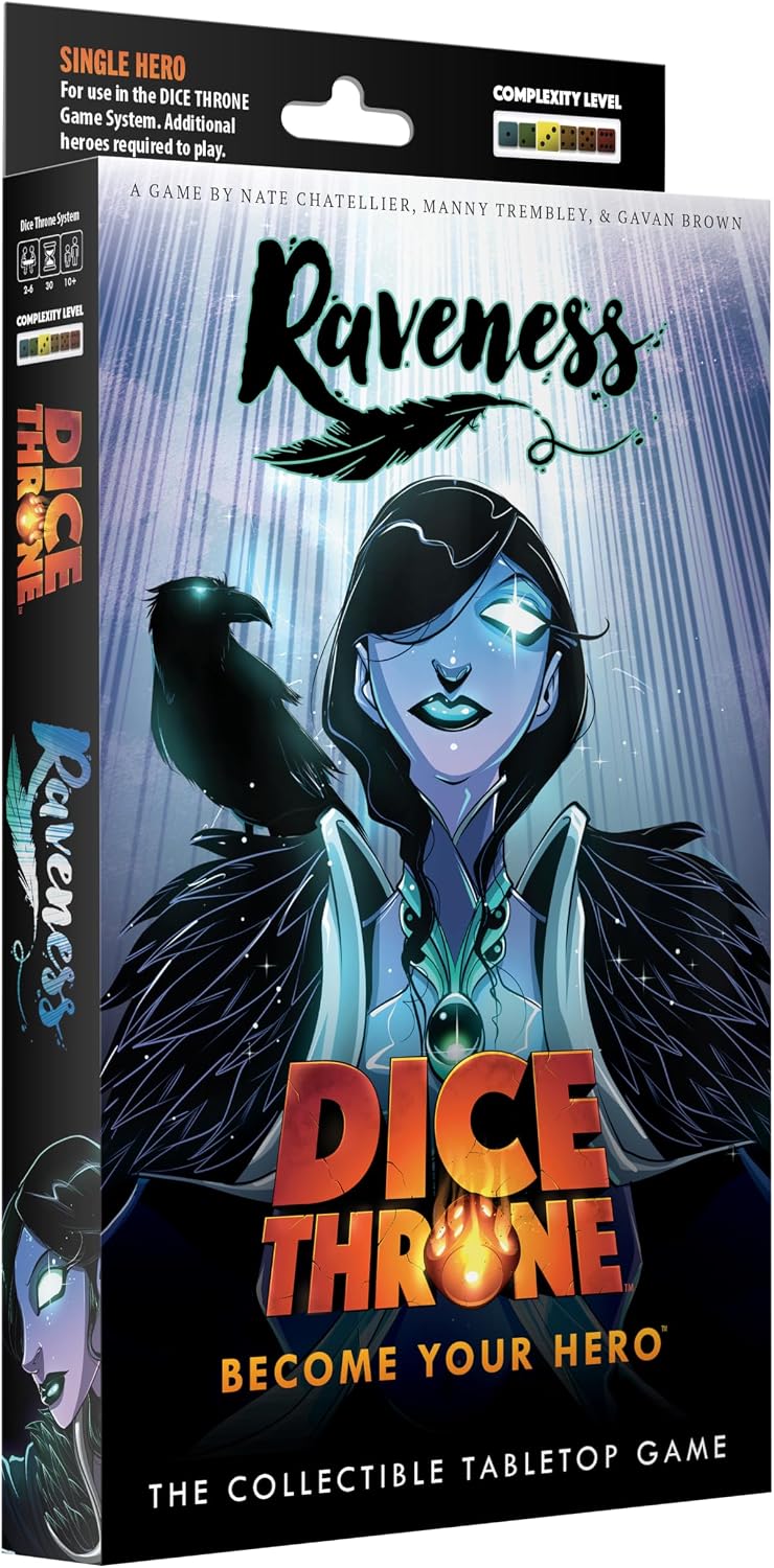 The Raveness enters the Mad King’s arena, nevermore to be ignored. All who hear the gentle rapping at their chamber door beware: the Raveness and her raven Nevermore descend, circling and ensnaring, sending fear into the weak and poor, consuming all in their path.
Dice Throne is a fast-playing game of skilled card play and dice manipulation for 2–6 players. Roll your hero’s custom dice up to three times per turn to activate unique abilities, unleash attacks, and outplay opponents. All heroes are fully comp