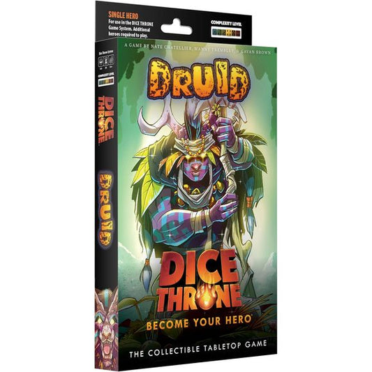 The Druid enters the Mad King’s arena, answering the call of the wild. Transforming into a formidable bear to withstand heavy blows and a ferocious cat to strike with powerful attacks, the Druid adapts to every challenge the battlefield presents.
Dice Throne is a fast-playing game of skilled card play and dice manipulation for 2–6 players. Roll your hero’s custom dice up to three times per turn to activate unique abilities, unleash attacks, and outplay opponents. All heroes are fully compatible across the
