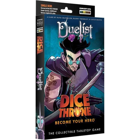 The Duelist enters the Mad King’s arena, dashing with deadly elegance. This dancing debonair disarms dastardly foes with flashy footwork, striking from unexpected angles—whether stepping forward with flair or falling backward with precision, his style is as lethal as it is captivating
Dice Throne is a fast-playing game of skilled card play and dice manipulation for 2–6 players. Roll your hero’s custom dice up to three times per turn to activate unique abilities, unleash attacks, and outplay opponents. All