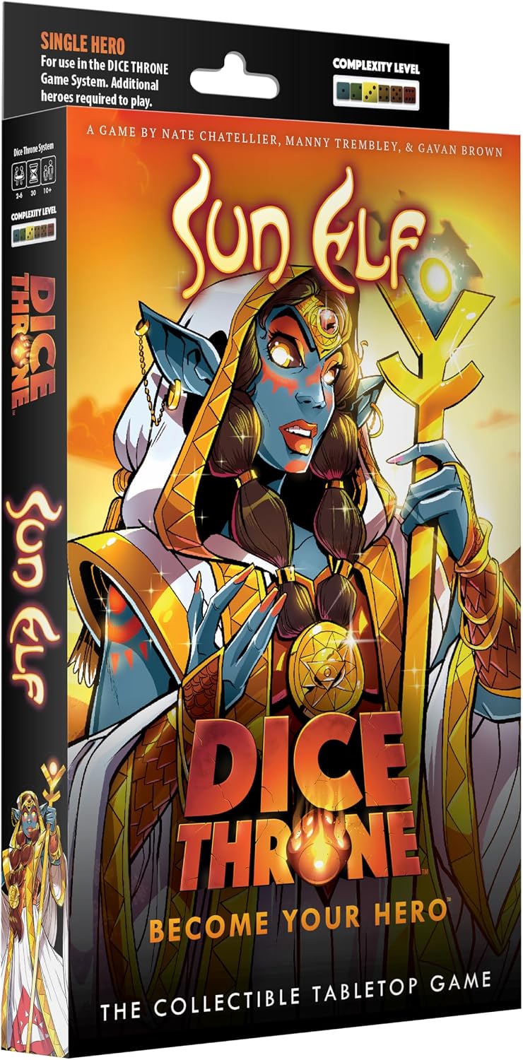 The Sun Elf enters the Mad King’s arena, radiant and unstoppable. She does not hide her intent in shadows. Instead, she channels the power of the sun to heal herself and allies or strike devastatingly at her foes. Her brilliance illuminates the battlefield, and none can escape the reach of her light.
Dice Throne is a fast-playing game of skilled card play and dice manipulation for 2–6 players. Roll your hero’s custom dice up to three times per turn to activate unique abilities, unleash attacks, and outplay
