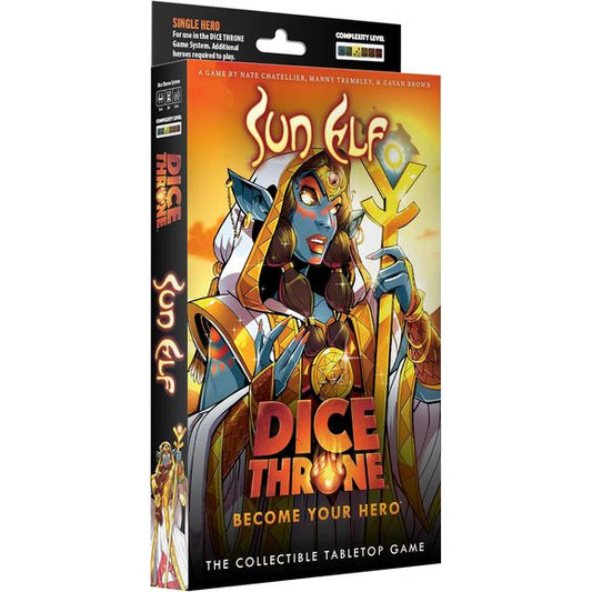 The Sun Elf enters the Mad King’s arena, radiant and unstoppable. She does not hide her intent in shadows. Instead, she channels the power of the sun to heal herself and allies or strike devastatingly at her foes. Her brilliance illuminates the battlefield, and none can escape the reach of her light.
Dice Throne is a fast-playing game of skilled card play and dice manipulation for 2–6 players. Roll your hero’s custom dice up to three times per turn to activate unique abilities, unleash attacks, and outplay