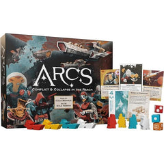 LEDER GAMES
Arcs is a sharp sci-fi strategy game for 24 players, set in a dark yet silly universe. Ready yourself for dramatic twists and turns as you launch into this galactic struggle. Seize the initiative. Take actions with multi-use cards. Copy the leader, pivot to new tactics, or take the initiative for the next round. Timing is everything. Declare ambitions. In each game, you define the objectives that everyone competes over to win. Crush your foes. Amass your navy for battle, plan your strategy with