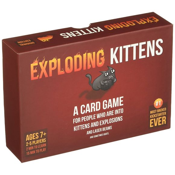 Exploding Kittens is a card game for people who are into kittens and explosions and laser beams and sometimes goats. In this highly-strategic, kitty-powered version of Russian Roulette, players draw cards until someone draws an Exploding Kitten, at which point they explode, they are dead, and they are out of the game -- unless that player has a defuse card, which can defuse the Kitten using things like laser pointers, belly rubs, and catnip sandwiches. All of the other cards in the deck are used to move, mi