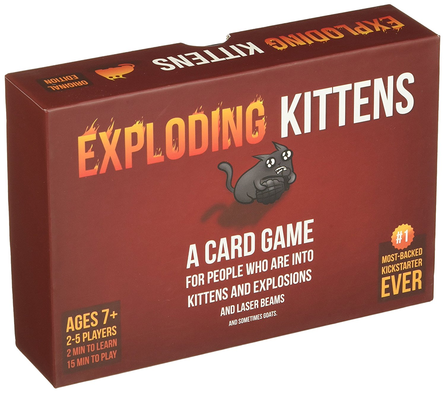 Exploding Kittens is a card game for people who are into kittens and explosions and laser beams and sometimes goats. In this highly-strategic, kitty-powered version of Russian Roulette, players draw cards until someone draws an Exploding Kitten, at which point they explode, they are dead, and they are out of the game -- unless that player has a defuse card, which can defuse the Kitten using things like laser pointers, belly rubs, and catnip sandwiches. All of the other cards in the deck are used to move, mi
