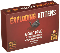 Exploding Kittens is a card game for people who are into kittens and explosions and laser beams and sometimes goats. In this highly-strategic, kitty-powered version of Russian Roulette, players draw cards until someone draws an Exploding Kitten, at which point they explode, they are dead, and they are out of the game -- unless that player has a defuse card, which can defuse the Kitten using things like laser pointers, belly rubs, and catnip sandwiches. All of the other cards in the deck are used to move, mi