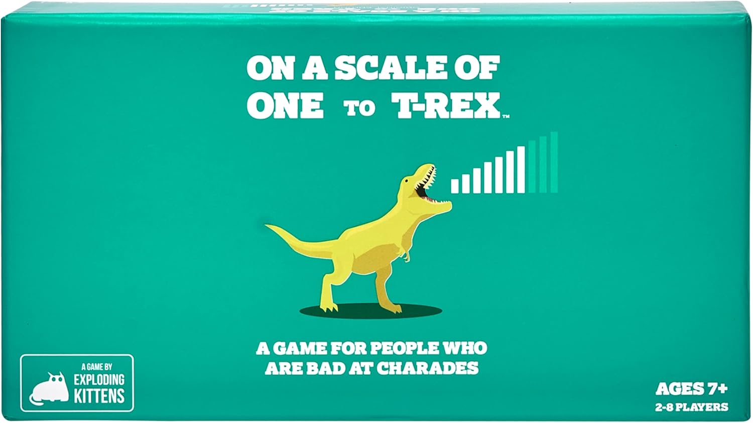On a Scale of One to T-Rex is a game for people who are bad at charades brought to you by the creators of Exploding Kittens and The Mind.