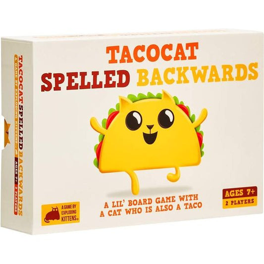 A lil’ board game with a cat who is also a taco. With Tacocat on the line, anything can happen in this palindrome-powered tug-of-war! Win duels by playing cards of matching or higher value to defend your hand or sacrifice your lowest card. When you’re on your final card, whoever has the lowest value card wins the round bringing Tacocat closer to their side. Tacocat Spelled Backwards is a fun balance of strategy, luck, and instinct! With its portable open-and-play design it’s a perfect two player anytime, an