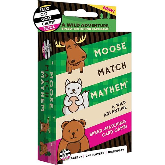 Taco Cat Goat Cheese Pizza is flying off the shelves on every store it reaches! Its easy to play and is as unique as its name. Everyone takes turns saying TACO CAT GOAT CHEESE PIZZA as they place a card on the table. Once the card played matches the word spoken, players race against each other to SLAP the pile in the middle! The last one to slap gets the stack.