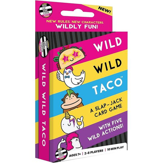 Ready for some wildly hilarious fun? Meet Wild, Wild Taco, the slap-jack card game that takes everything you love about Taco Cat Goat Cheese Pizza and cranks up the fun! With all your favorite action cards and brand-new, quirky characters Seal and Disco Chicken, this game is a laugh riot waiting to happen.