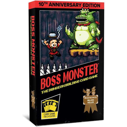 Boss Monster is the best-selling card game that challenges players to become the ultimate villain by creating the deadliest dungeon! With over a million copies sold, this game’s nostalgic appeal and fast-paced gameplay have made it an evergreen hit.
Celebrate a decade of Boss Monster with this revised 10th Anniversary Edition! Modernized rules help new and seasoned players and cards have been updated for more balanced play. 8 new room cards, 4 new bosses and 3 new spells take your dungeon crafting gamep