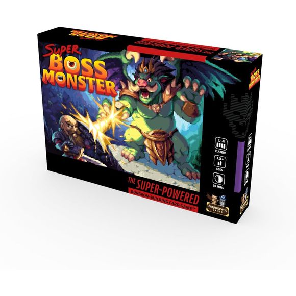 After a decade of dungeon-building fun, Boss Monster is leveling up to the next generation with Super Boss Monster! 1-4 players compete to build the ultimate side-scrolling dungeon by drafting room cards, playing spells, and luring in hapless adventurers. Super Boss Monster introduces the Town Board, which brings in new mechanics to the classic card game. Random room draws are replaced with a simple draft. Heroes still show up in town, but overflow into Locations (Temple, Stadium, Library, Hide-Out, and Tav