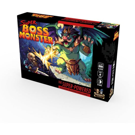 After a decade of dungeon-building fun, Boss Monster is leveling up to the next generation with Super Boss Monster! 1-4 players compete to build the ultimate side-scrolling dungeon by drafting room cards, playing spells, and luring in hapless adventurers. Super Boss Monster introduces the Town Board, which brings in new mechanics to the classic card game. Random room draws are replaced with a simple draft. Heroes still show up in town, but overflow into Locations (Temple, Stadium, Library, Hide-Out, and Tav