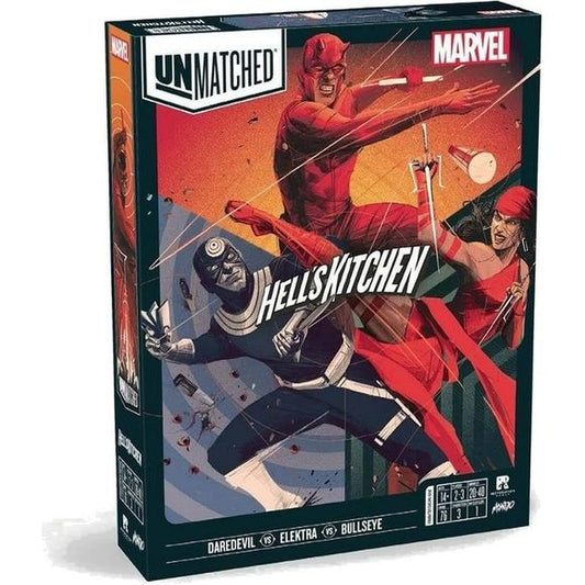 Unmatched Battle Breaks Out in Hell’s Kitchen!When it comes to Unmatched ... Make Mine Marvel! Unmatched is thecritically acclaimed, best-selling game of tactical combat between unlikely opponents. This time, it’s a classic, all-out brawl in Hell’s Kitchen. Daredevil is at his strongest when he pushes himself to the brink of exhaustion. Bullseye unleashes deadly strikes from anywhere on the board. Strike down Elektra, and she returns more powerful than ever. They’ll settle scores on the Hell’s Kitchen battl