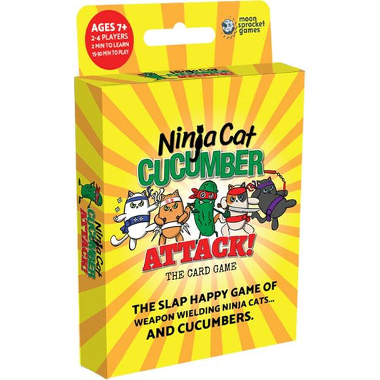 Get slapping in this exciting, fast-paced game where Ninja Cats battle and Cucumbers attack. Play against others to control the deck as you flip and slap your way to victory. Win cards by battling weapon wielding Ninja Cats, and be the first player to slap card combos as they appear. Watch out for sneaky Cucumbers and Attack Cards as they can change a player’s fate at any time!