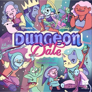 Date an owlbear, make friends with a gelatinous cube, backstab your best friend's orc boyfriend! Dungeon Date is a fast, fun card game for 2 to 4 fresh-faced adventurers. Build an outfit of stylish adventuring gear, then use your sweet look to romance, befriend, and slay a dungeon-full of monsters!
Each turn, players choose and reveal action cards, visiting one of four dungeon doors to encounter monsters in the dungeon. Romance, befriend, or slay the monster you encounter by matching the style symbols for