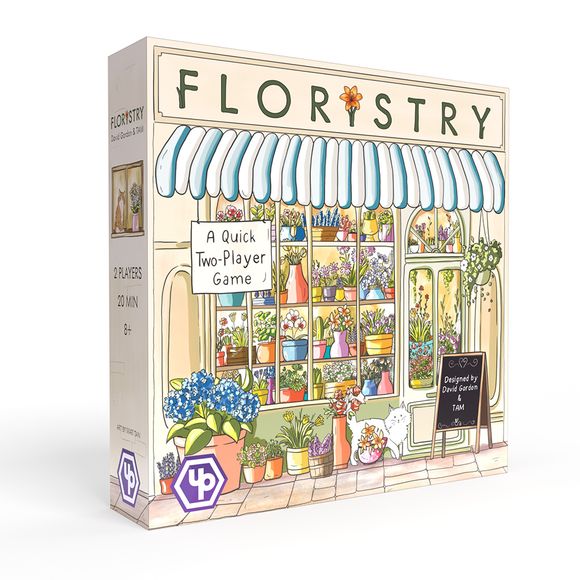 In Floristry, you and your rival compete in auctions for flower tiles and try to create the most charming storefront. Play 10 rounds, score your storefront, and whoever has the most points wins.
Players will earn points from their largest patch of each of 6 different flower types: Yellow Tulip, Green Chrysanthemum, Red Rose, Blue Hydrangea, Pink Daisy, and Orange Lily.