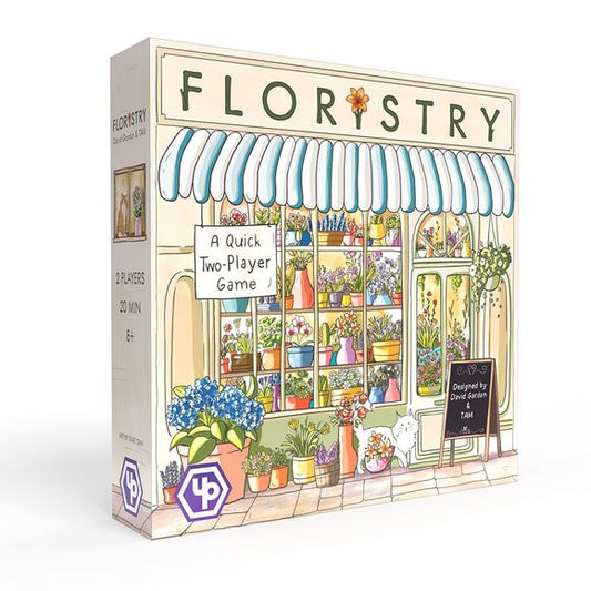 In Floristry, you and your rival compete in auctions for flower tiles and try to create the most charming storefront. Play 10 rounds, score your storefront, and whoever has the most points wins.
Players will earn points from their largest patch of each of 6 different flower types: Yellow Tulip, Green Chrysanthemum, Red Rose, Blue Hydrangea, Pink Daisy, and Orange Lily.