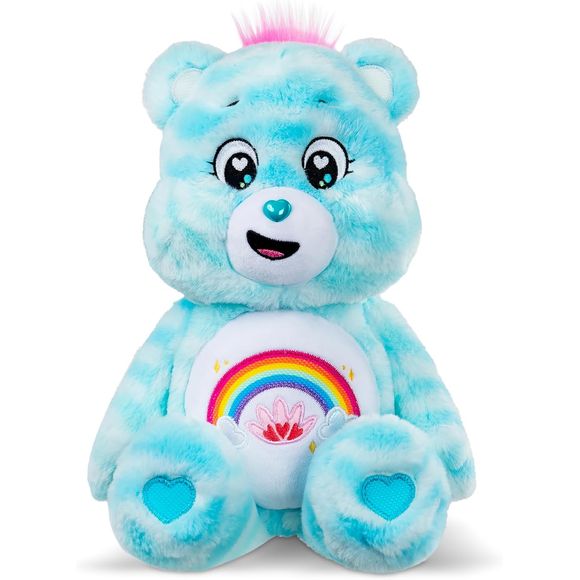 The Care Bears are on a mission to spread sharing and caring, and Sweet Serenity Bear is here to promote personal wellness with a calming touch! This 14” plushie is thoughtfully designed in peaceful blue and white striped colors that inspire serenity and relaxation. Her sweet eyes, with heart-shaped accents, and adorable heart-shaped nose add to her gentle charm. As the FIRST bestie to feature a belly badge, paw pads & ears with a sensory experience, Sweet Serenity Bear offers an extra layer of comfort – so