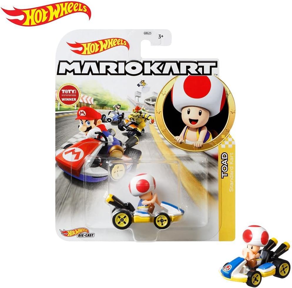 Kids can choose their favorite Mario Kart characters and speed off-line for racing and stunting madness with the Hot Wheels 1:64 Mario Kart replica die-cast assortment! Power-up imagination with fan-favorite iconic Mario Kart characters. Combine the hands-on thrill of Hot Wheels performance. Re-live or reinvent game-inspired stunting, racing and adventure stories. Each Mario Kart player vehicle is suitable for Hot Wheels track to expand the fun (track sold separately). Each vehicle sold separately, subject