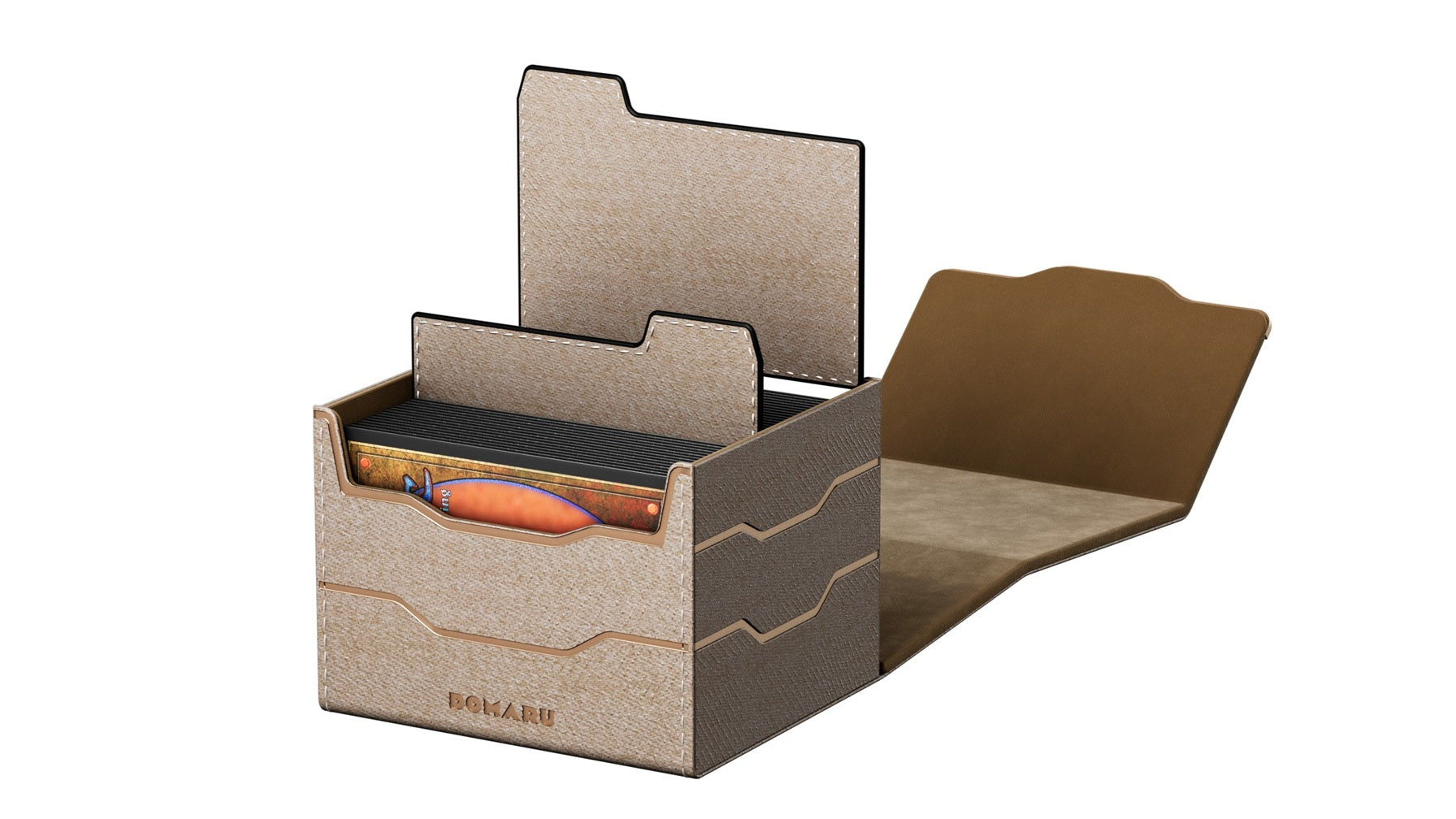 The DOMARU Armory Collection is our latest deck box line, built for strength, durability, and a commanding presence at the table. Featuring refined metallic details, a rugged textured exterior, and strong magnetic closures, each Armory box delivers uncompromising protection for serious play. Side Loading. Fits 100 double-sleeved cards. Includes 2 leather dividers. Strong Magnets. Sturdy textured leather materials and metallic details.