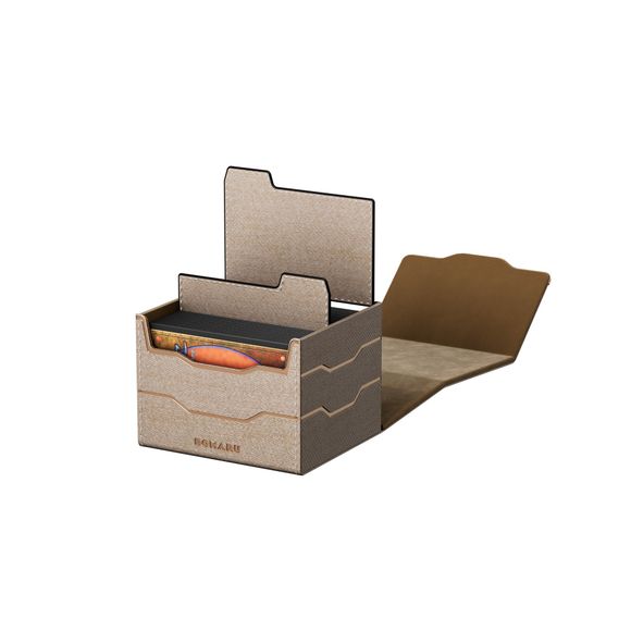 The DOMARU Armory Collection is our latest deck box line, built for strength, durability, and a commanding presence at the table. Featuring refined metallic details, a rugged textured exterior, and strong magnetic closures, each Armory box delivers uncompromising protection for serious play. Side Loading. Fits 100 double-sleeved cards. Includes 2 leather dividers. Strong Magnets. Sturdy textured leather materials and metallic details.