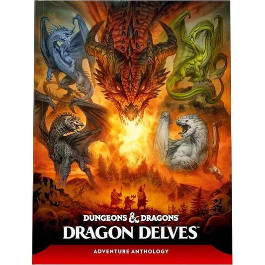 Release Date 7/8/25
Meet the dragons of D&D in Dragon Delves, a collection of ten dragon-themed adventures for characters level 1 through 12. Featuring artwork rendered in ten unique styles, these ready-to-play adventures include streamlined prep and quick start guides for Dungeon Masters. Delve into mysterious dungeons, explore captivating fantasy locations, and come face to face with all the chromatic and metallic dragons, each with unique temperaments, alignments, and magic.