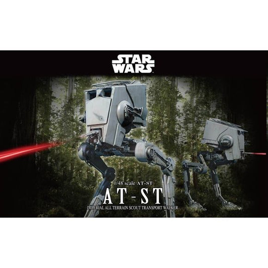 The chicken walker known as the AT-ST from the Star Wars unverse has been faithfully recreated as a 1/48 scale model kit utilizing Bandai's patented four color injection process that allows for construction of highly detailed parts that are color molded reducing the need for paint.  AT-ST features highly detailed articulated legs, rotating head and weapon systems,  two 1/48 seated figures, movable view ports for cockpit, opening top hatch.  A nipper or sprue cutter (sold separately) is required for assembly
