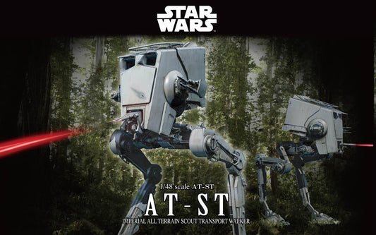 The chicken walker known as the AT-ST from the Star Wars unverse has been faithfully recreated as a 1/48 scale model kit utilizing Bandai's patented four color injection process that allows for construction of highly detailed parts that are color molded reducing the need for paint. AT-ST features highly detailed articulated legs, rotating head and weapon systems, two 1/48 seated figures, movable view ports for cockpit, opening top hatch. A nipper or sprue cutter (sold separately) is required for assembly