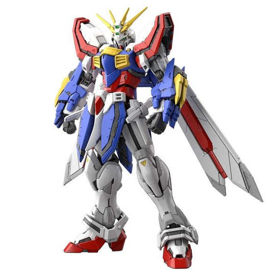 God Gundam from "Mobile Fighter G Gundam" joins the RG model-kit lineup from Bandai, pursuing the widest range of motion in RG history by adopting the structure of the human body! The advanced MS joints on its shoulders and wrists allow you to recreate its characteristic folded-arms pose, and a telescoping gimmick in the shoulder improves side-to-side motion of the arms. A three-axis structure in the neck means God Gundam can pull in its chin and stick out its head! The rear of the knees shows a dent to acc