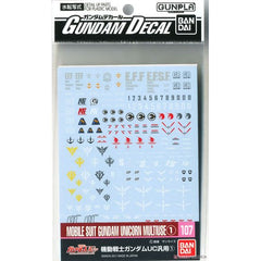 These are high-quality waterslide decals to add custom markings to your 1/100-scale and 1/144 scale Gundam Unicorn model kits. Contains markings that can be used with its specific character or at your discretion for customizing your own kits!