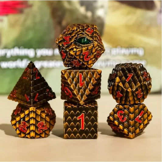 The perfect companion for your gaming needs! These premium die-cast polyhedral dice are exactly what you've been searching for that upcoming game night with the group. Each set weighs roughly 5 ounces and are stored in a quality, brushed metal tin with foam insert. These dice are engraved with crisp, easy-to-read numerals. Many styles and colors are available.
This set includes one of each: d20, d12, d10, d10 (percentile), d8, d6, and a d4 (7 dice in total). All inside a premium Dice Tin.