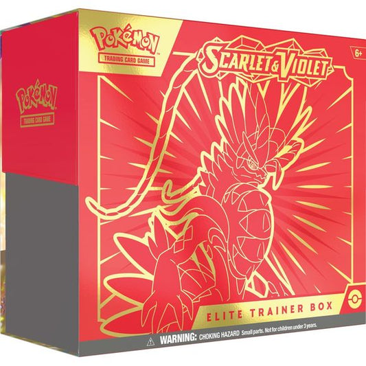 Begin a New Adventure with Pokémon ex! Set out for a journey in the Paldea region! Meet first partners Sprigatito, Fuecoco, and Quaxly, and explore the power of the Legendary Pokémon Koraidon and Miraidon as Pokémon ex. 

The Pokémon TCG: Scarlet & Violet Elite Trainer Box includes:

9 Pokémon TCG: Scarlet & Violet booster packs
1 full-art foil promo card featuring Koraidon or Miraidon
65 card sleeves featuring Koraidon or Miraidon
45 Pokémon TCG Energy cards
A player’s guide to the Scarlet & Violet expansi