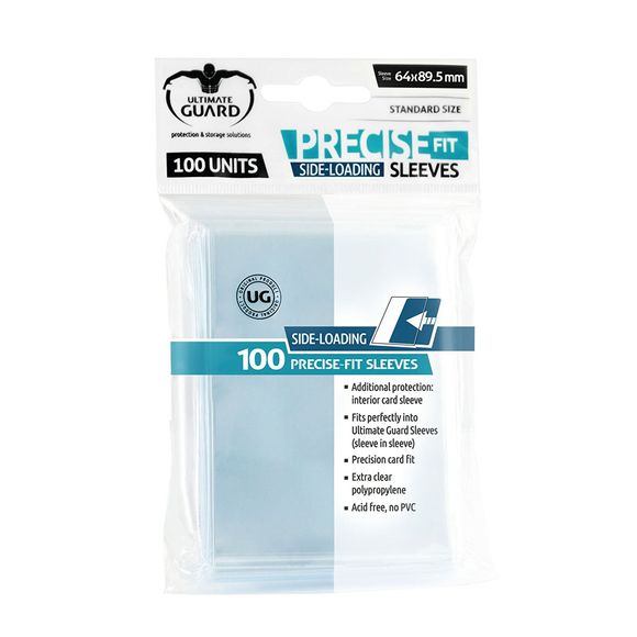These sleeves with side-loading design for hassle-free double-sleeving fit perfectly into ULTIMATE GUARD Sleeves (sleeve in sleeve). Perfect for Magic the Gathering(TM), Pokemon(TM) and many other standard-sized cards. 100 sleeves per pack.