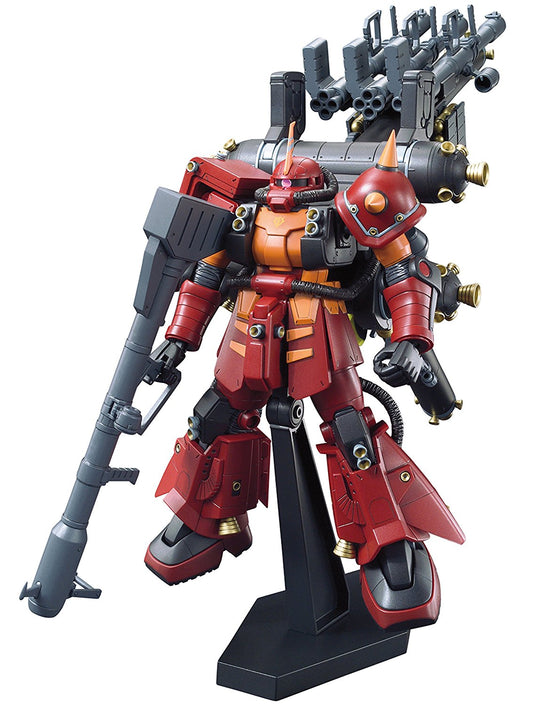From "Gundam Thunderbolt" comes a heavily armed High Mobility Type Zaku! A large cache of weapons including Zaku Machine Gun, 3 Zaku Bazookas, sturm faust, giant bazooka, heat hawk are included. A display stand is included to pose the massive size of this Zaku. Runner x14, sticker, Instruction Manual.