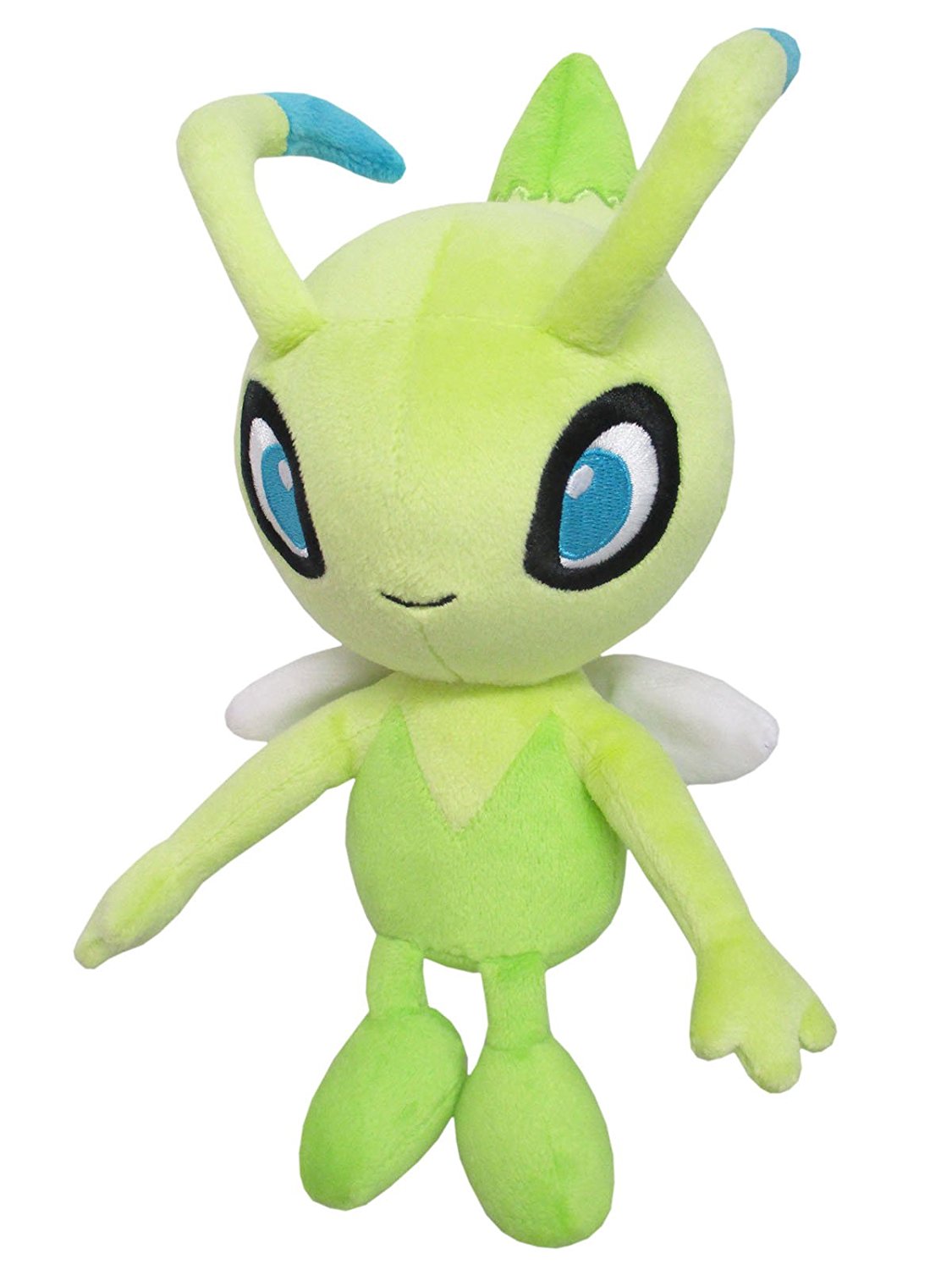 Celebi is a green fairy-like creature. It has round Toeless feet, three-fingered hands, and clear wings on its back. It has a round head that comes to a curved point. It has large baby-blue eyes with thick black rings around them, and a pair of green antennae with blue tips.