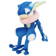Greninja is a large, bipedal, frog-like Pokémon. Its body and legs are dark blue, with single large white bubbles on its legs and arms and white spots over its eyes. On the sides of each of its upper thighs is a light blue, four-pointed star, which resembles a shuriken. Its back feet have two toes, while its front feet have three toes. Its feet are webbed, and it has a yellow chest and a yellow-and-blue face. It has eyes with white sclera, red irises, and white pupils. A large, projecting dark blue stripe r