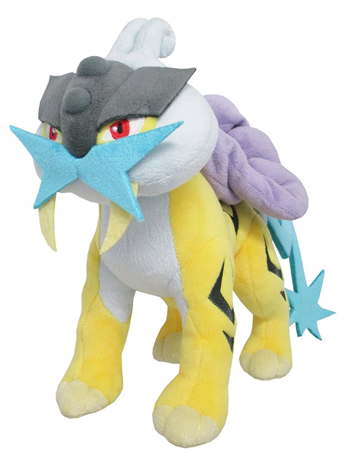 Raikou is a quadruped, yellow, tiger-like Pokémon with black stripes and a white underside. It has a thin, light blue tail with sharp angles and a spark-shaped formation at the end. Most of its face consists of thick, white fur and shorter yellow fur around its red eyes.