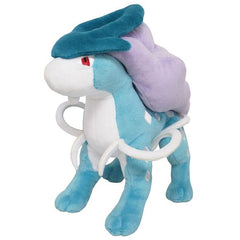 Suicune is a slim, quadruped, blue, mammalian Pokémon with white, diamond-shaped markings. Its face and underside are white as well. Suicune has a thick, purple mane that resembles the aurora borealis and two white, streamer-like tails that wave forward. It has a long, white snout. Approx. Size: 4"L x 7"W x 8.5"H.