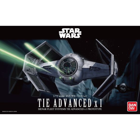Darth Vader's special Tie Fighter, known as the x1, from the Star Wars universe, features a showcase of Bandai's multi material and color injection technologies. The different components that make up its wings are molded together, yet are still color separated. Includes 2 different canopy types, a window version made of clear plastic, and also a frame version that can allow the seated Darth Vader to be seen more clearly. A nipper or sprue cutter (sold separately) is required for assembly, but does not re